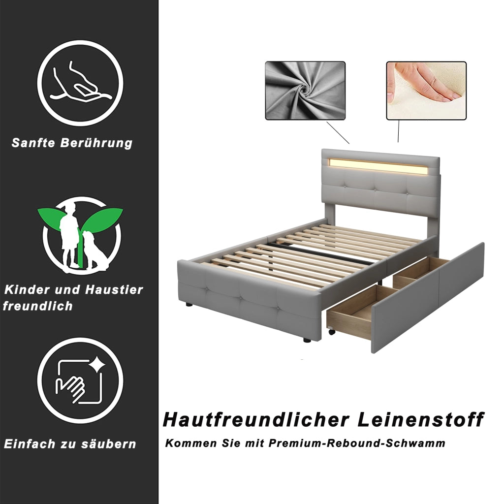 DESMIU Letto adulto 90 × 200 cm con 2 cassetti, LED, testiera regolabile, senza materasso, grigio