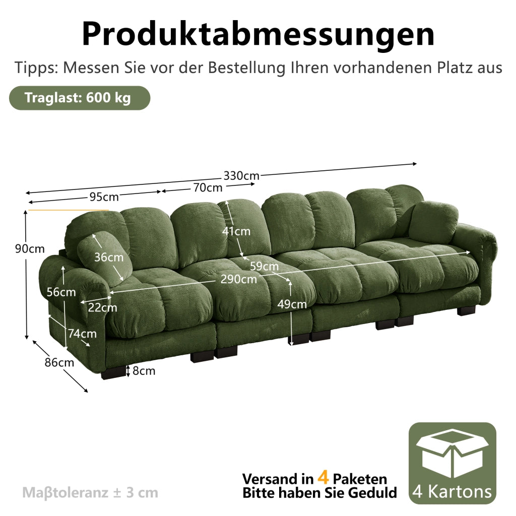 Divano modulare in ciniglia verde con cuscini trapuntati e braccioli curvi 330 × 86 × 90 cm