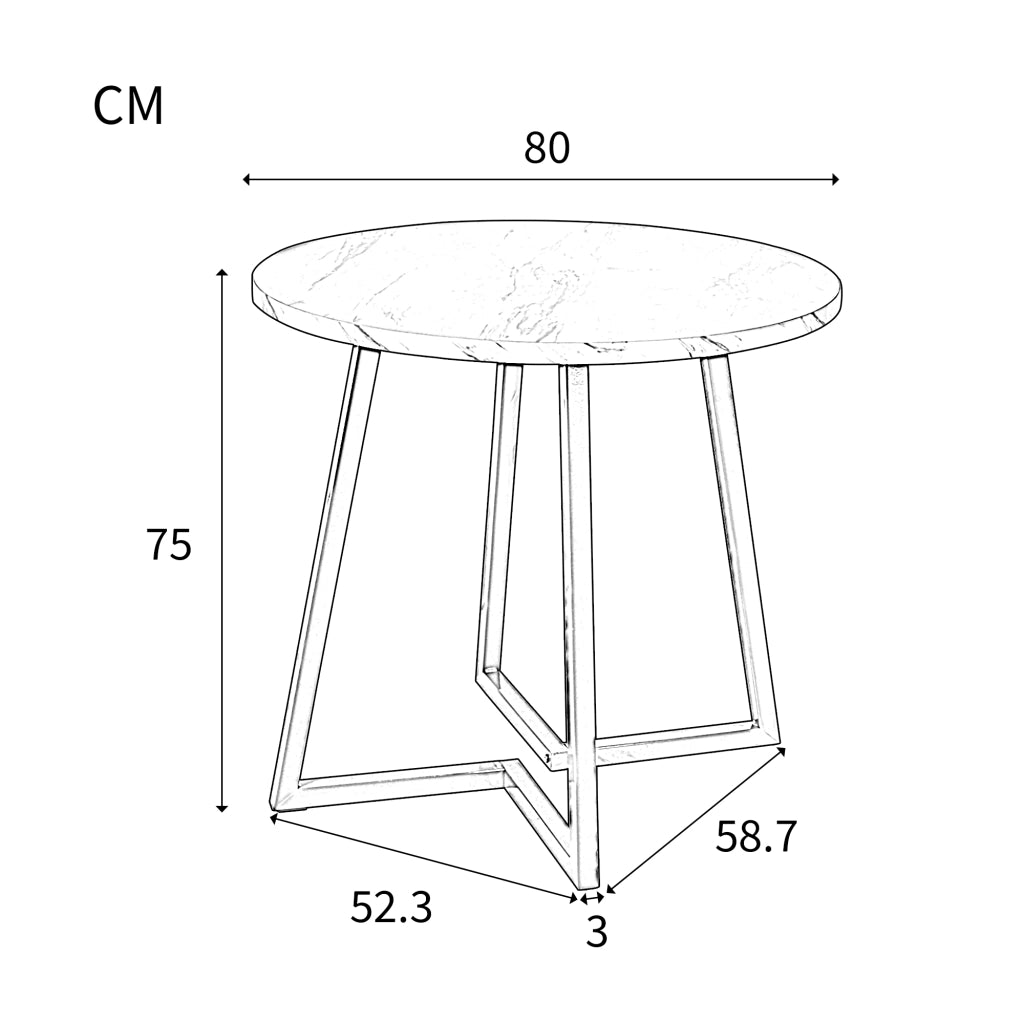 Tavolo da pranzo rotondo con piedini regolabili e struttura in metallo per cucina, MDF bianco, 80 × 75 cm