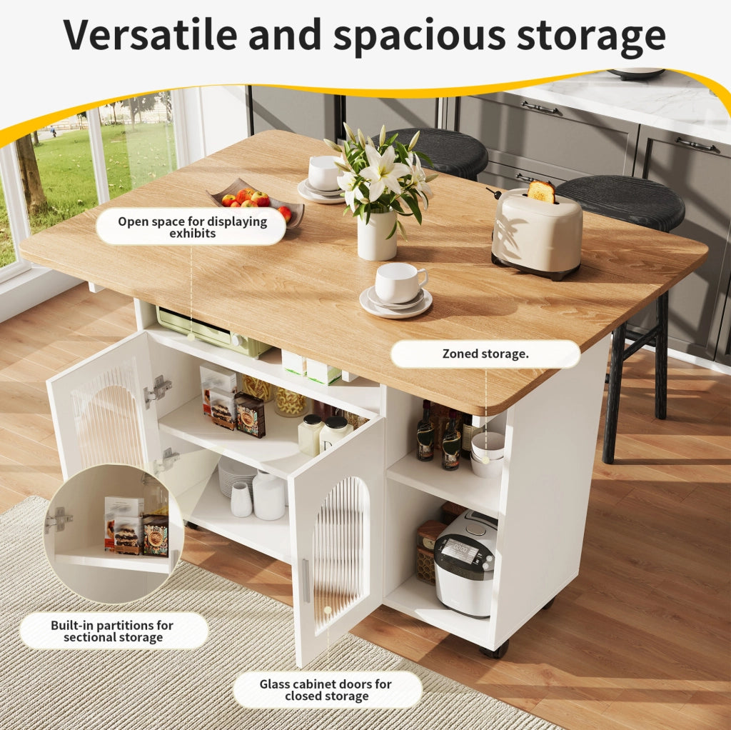 Isola cucina pieghevole con ruote e ripiani 120x30/70x79;5 cm in MDF bianco