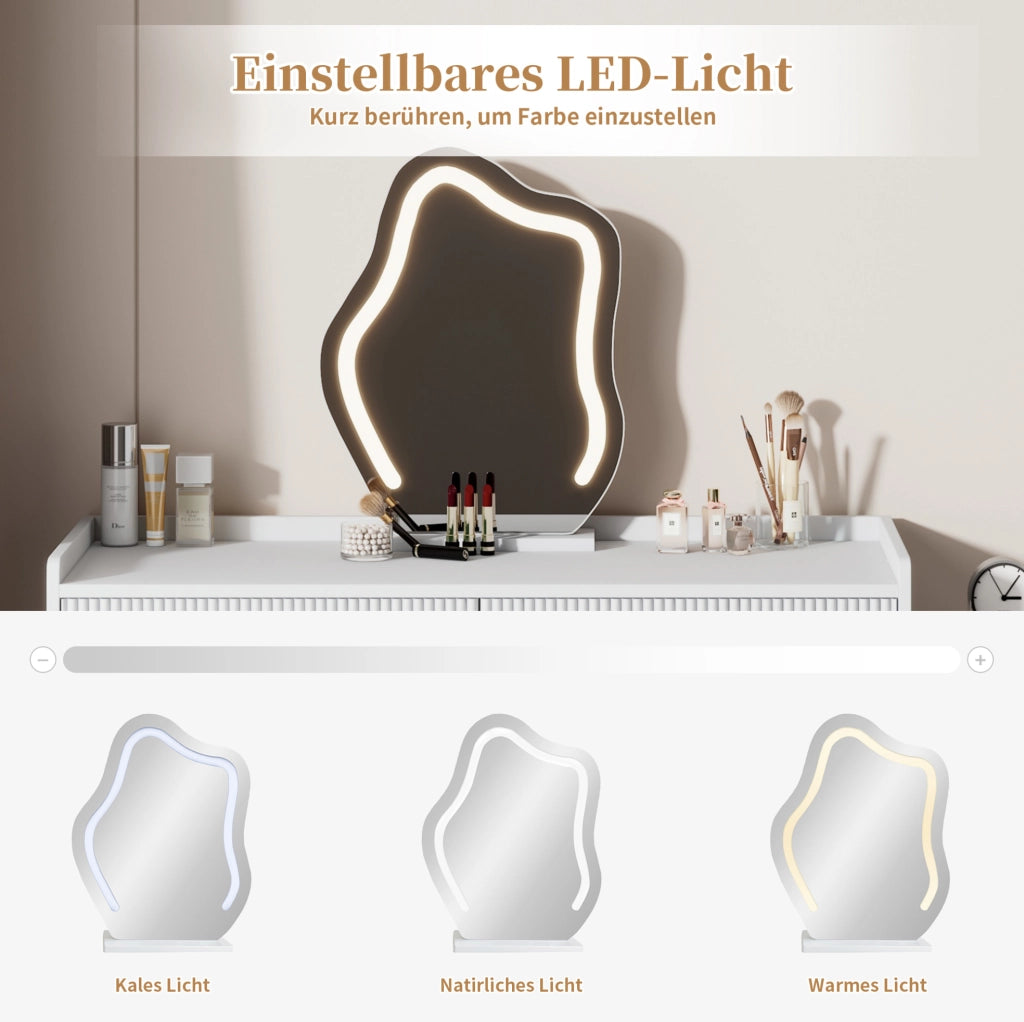 Toeletta bianca con LED touch, 2 cassetti e mobile laterale, 100x40x75 cm