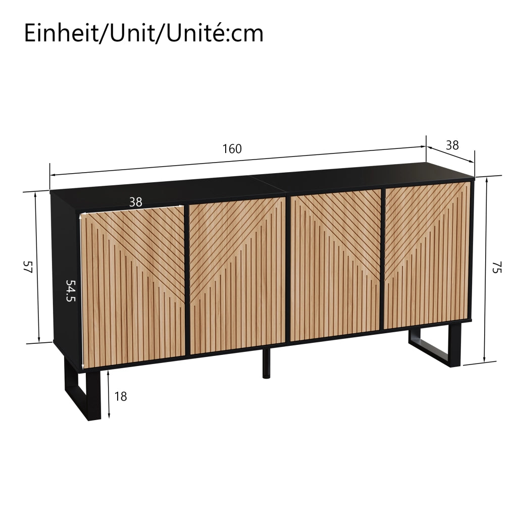 Mobile TV con ante a righe e vani aperti, per soggiorno e ingresso, in MDF e truciolare nero naturale, 160 × 38 × 75 cm