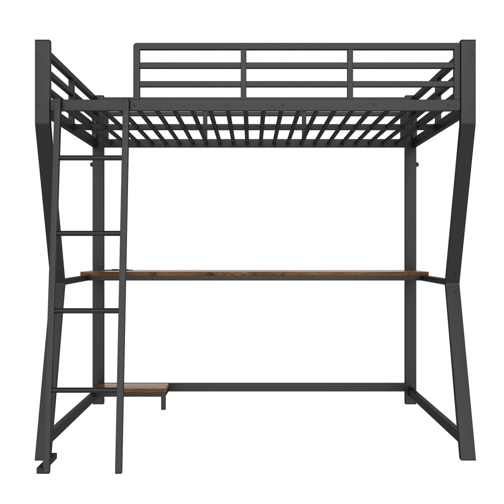 Letto a soppalco 140 x 200 cm in metallo e MDF nero con scrivania; LED; USB e presa