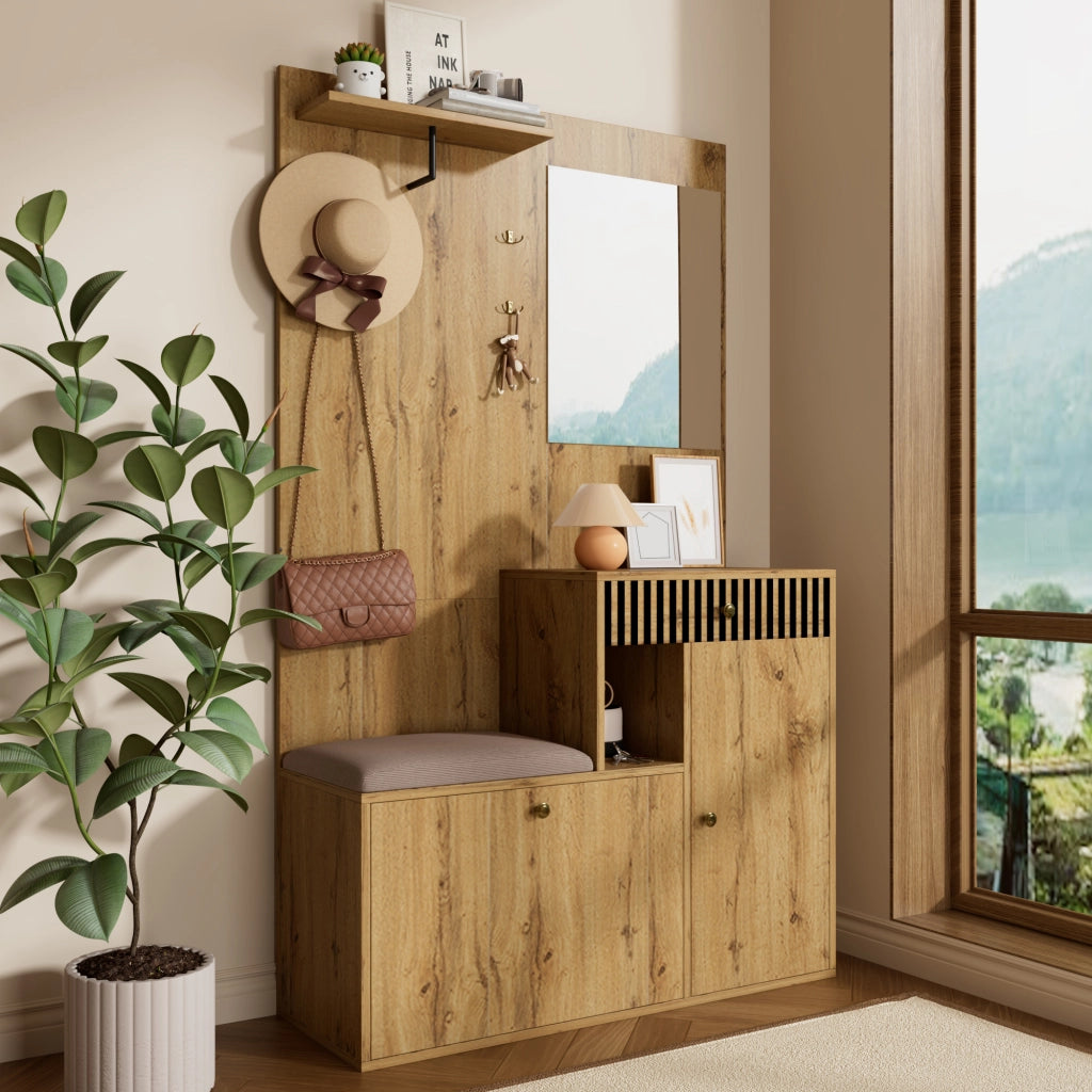 ARMADIO Ingresso con Specchio e Seduta 110x37x185,5 cm MDF Nero e Legno
