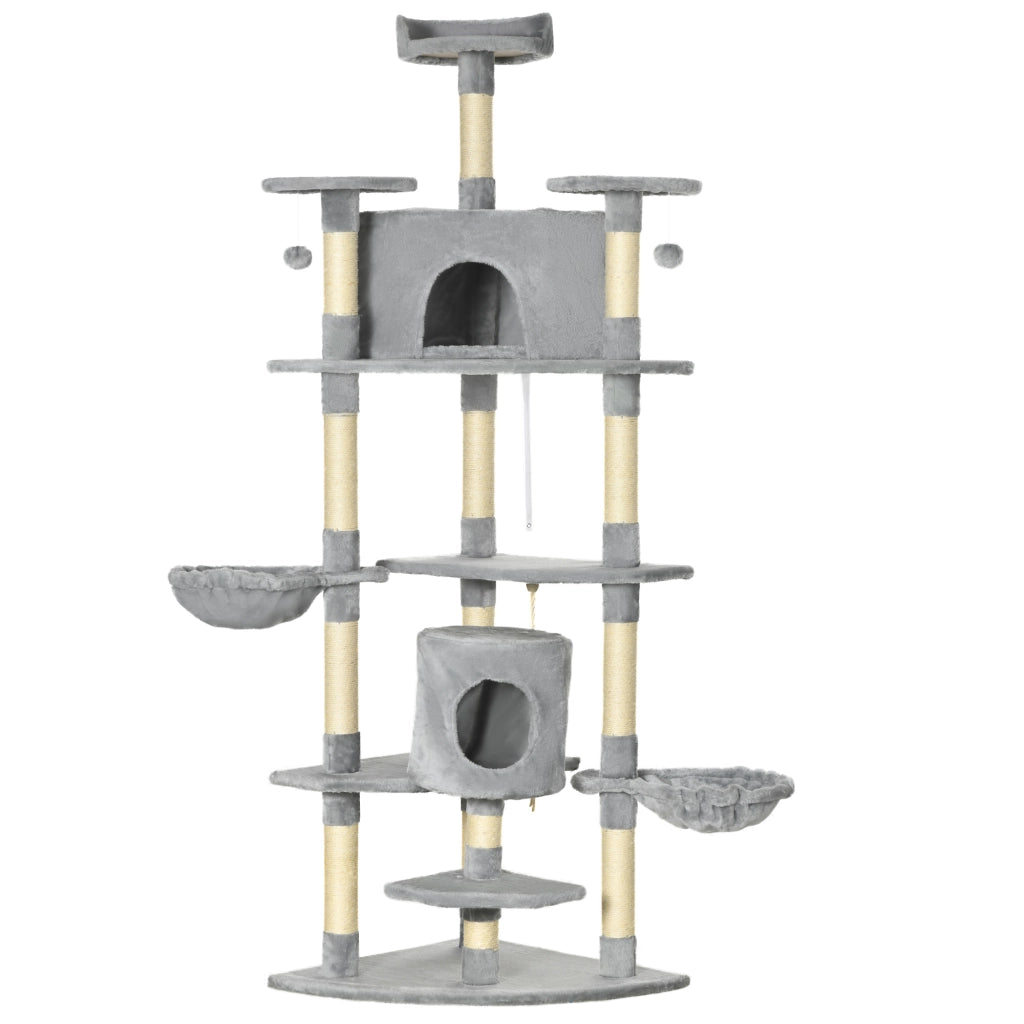 Albero Tiragraffi per Gatti Alto con Casette e Amache, 60x60x200cm, Grigio Chiaro