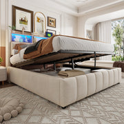 Letto matrimoniale imbottito 180 × 200 cm contenitore con LED USB e type C in tessuto di lino beige