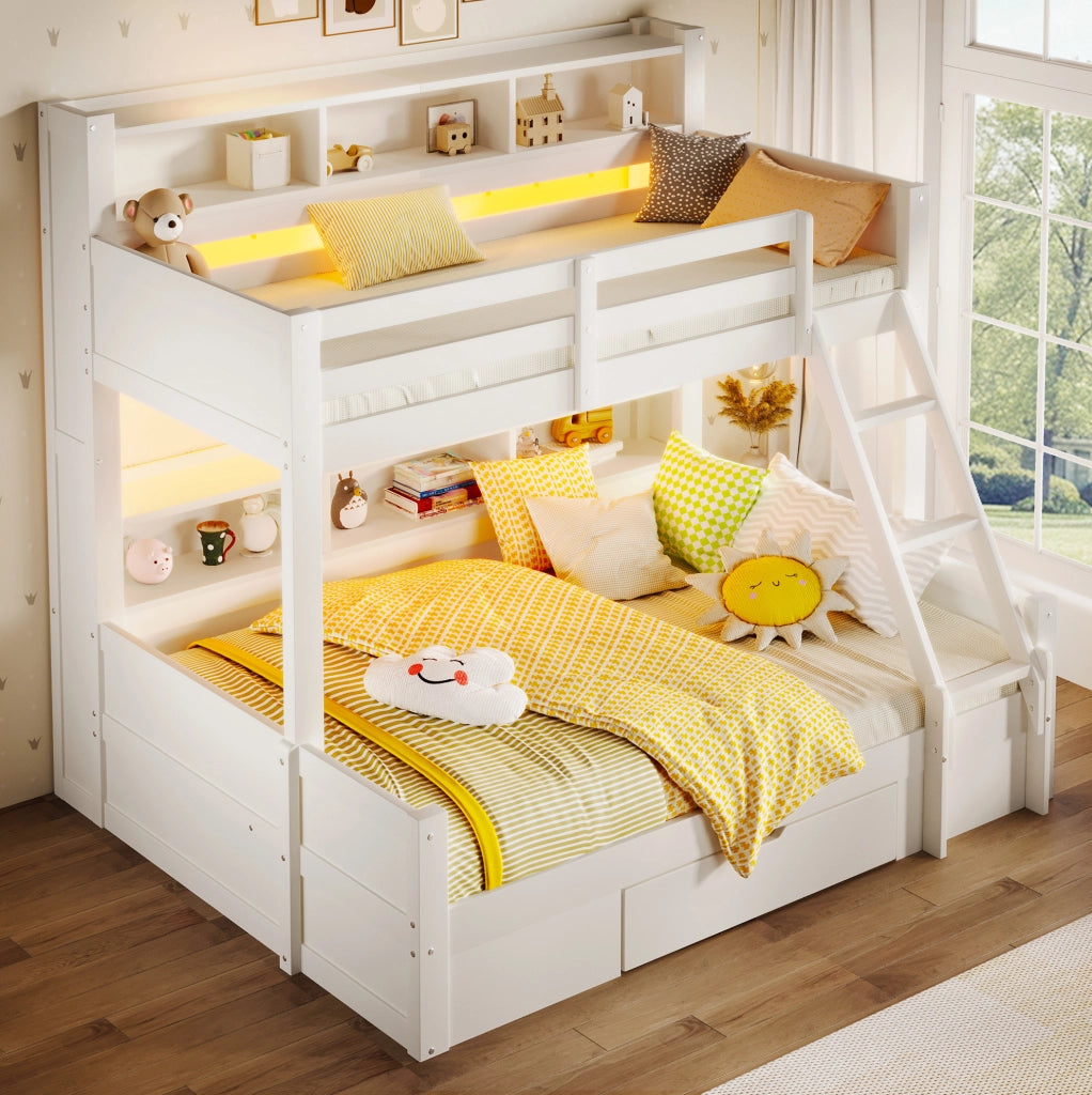 Letto a castello bambini 90x200 + 140x200 cm in pino bianco con LED