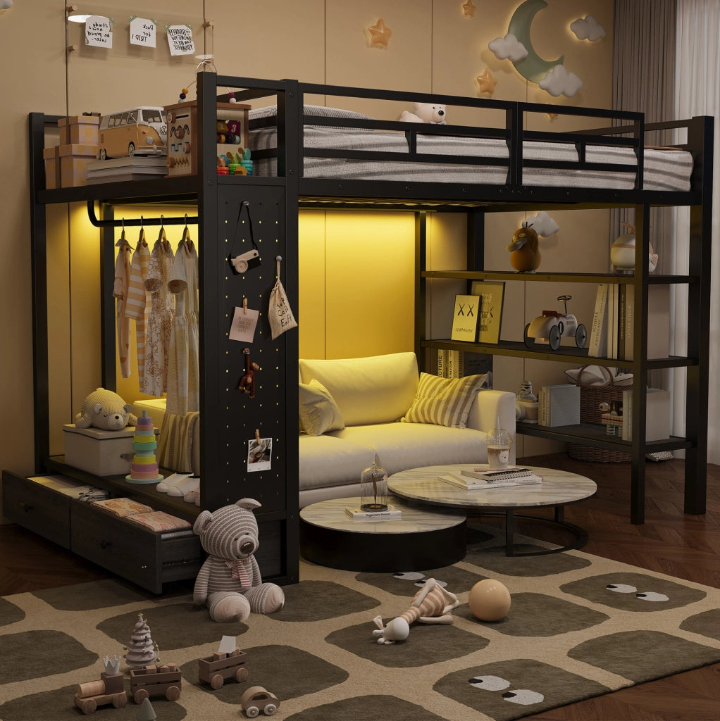 Letto a soppalco in metallo 140x200 nero con armadio aperto, ripiani, pannello forato e illuminazione LED