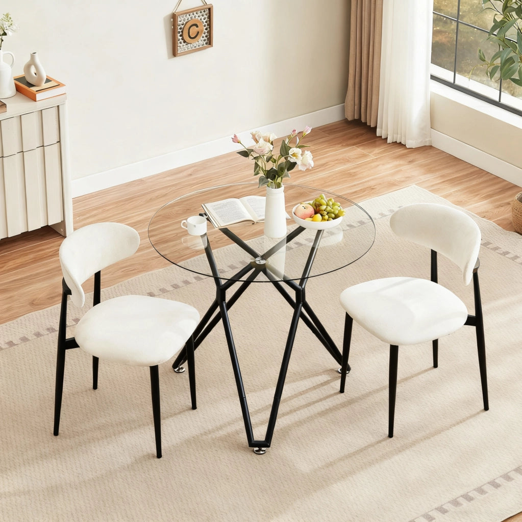 Tavolo da pranzo rotondo 90 cm in vetro temperato con gambe in metallo nero, adatto per 1-4 persone