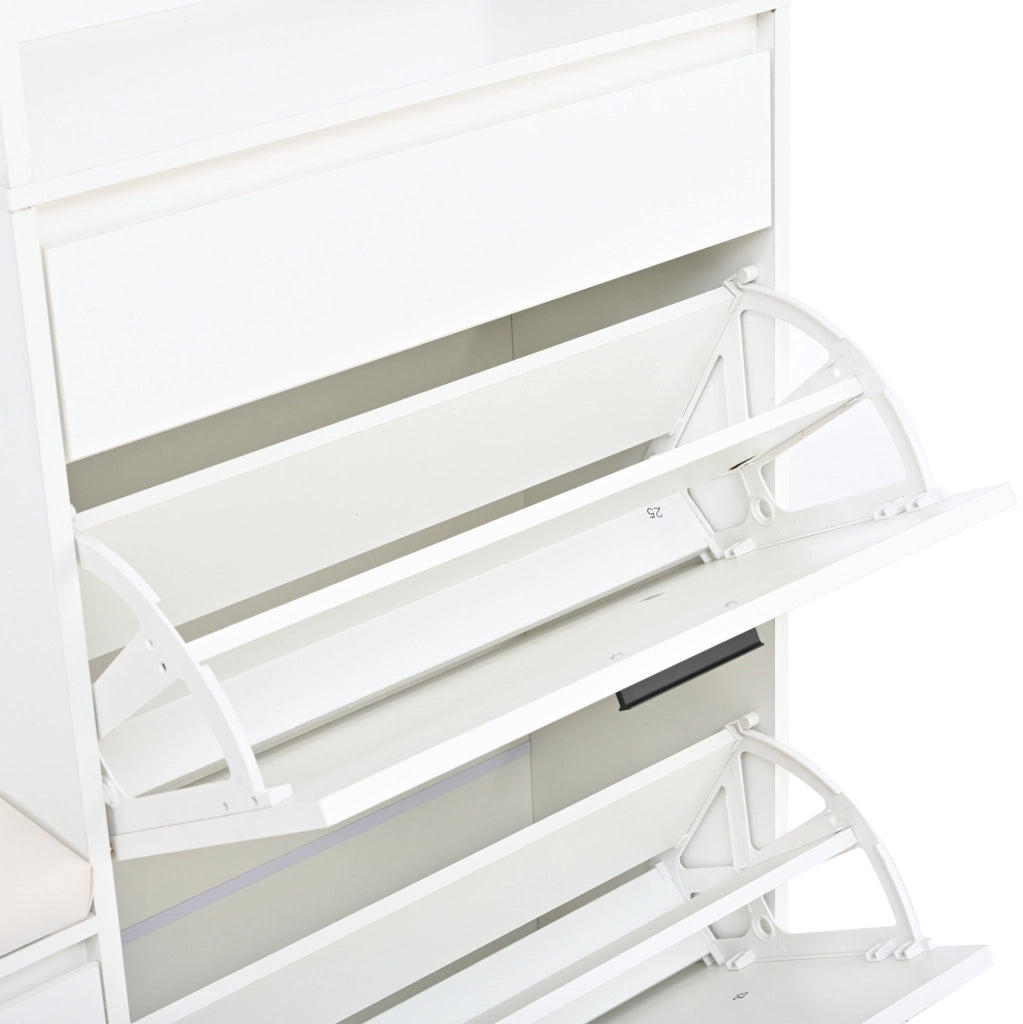 Guardaroba da ingresso multifunzionale 120x30x200 cm in MDF bianco con panca imbottita, 2 ribalte porta scarpe, 1 cassetto, 2 ante e 10 appendini, capacità 30 kg