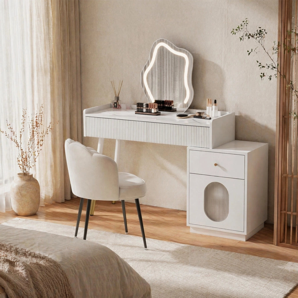 Toeletta bianca con LED touch, 2 cassetti e mobile laterale, 100x40x75 cm
