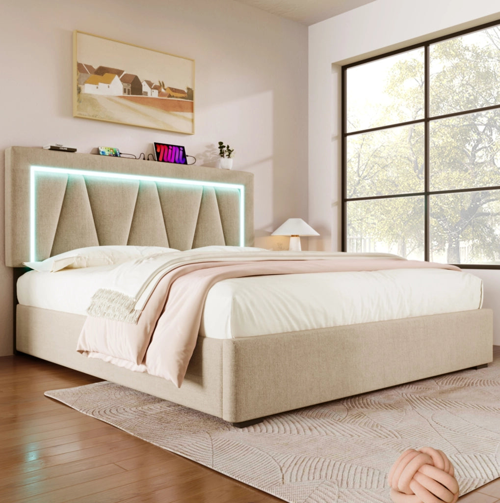 Letto imbottito LED 140x200 con porta USB e Type-C; contenitore; beige