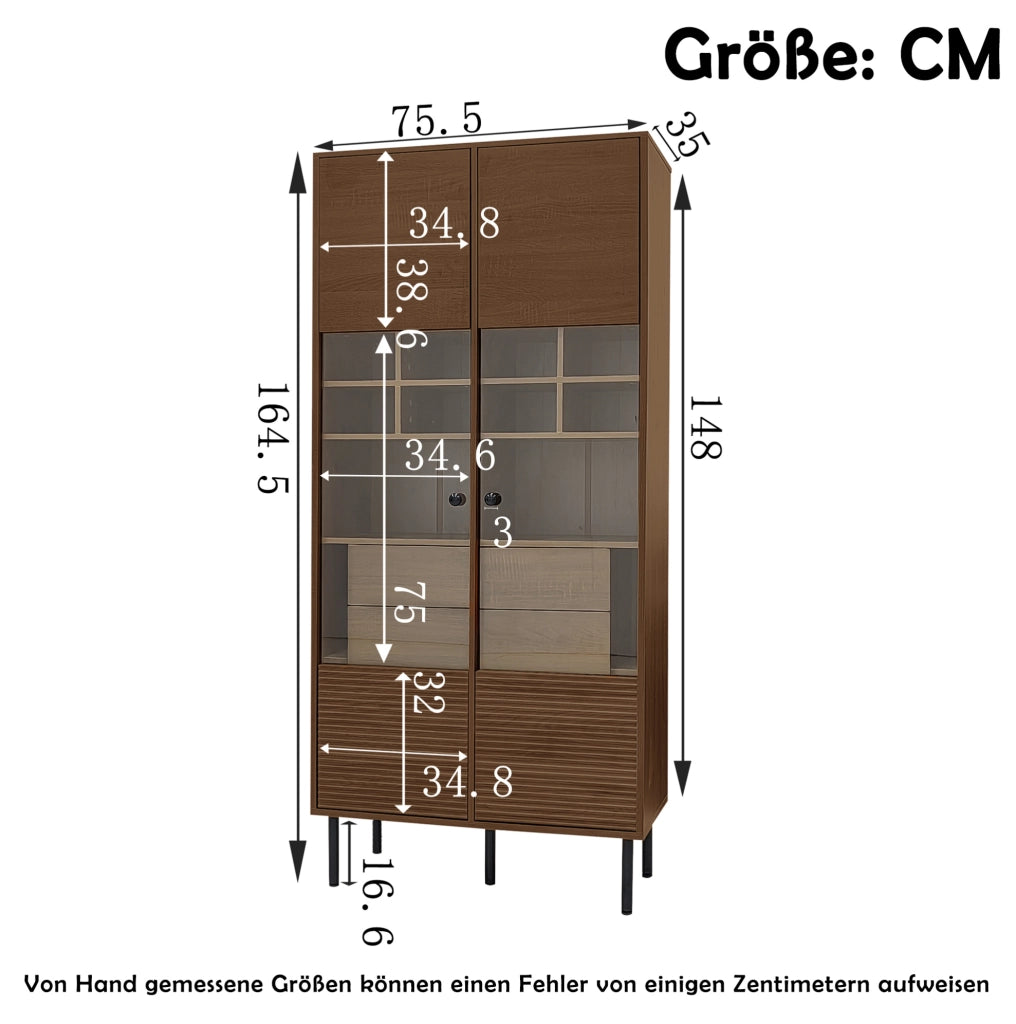 Mobile multiuso in legno noce con frontale in vetro, ripiani e cassetto nascosto per bagno, soggiorno e ufficio