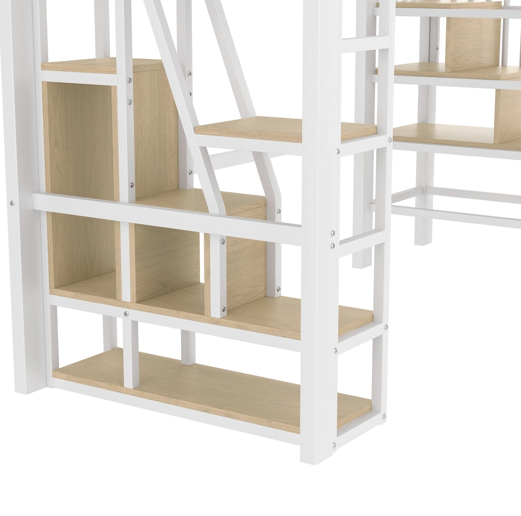 Letto a soppalco 90x200 cm in metallo con scala, ripiani e illuminazione LED integrata, bianco