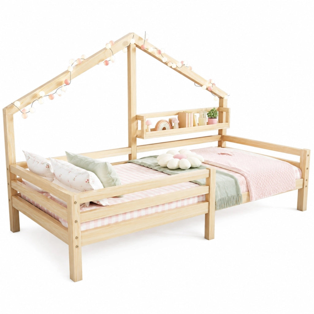 Letto a casetta 90 × 200 cm con libreria posteriore in legno di pino naturale e barriera anticaduta con 15 doghe