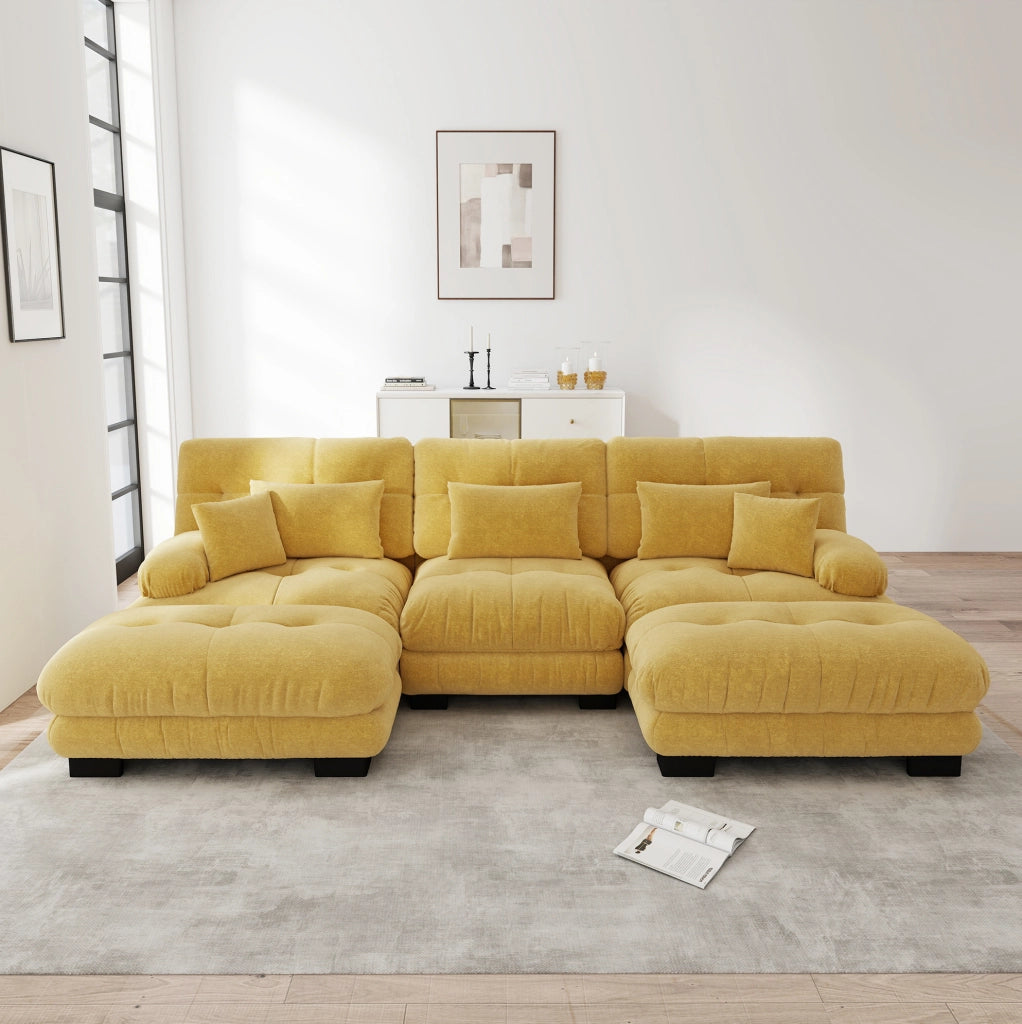 Divano modulare in ciniglia giallo con ottomani mobili