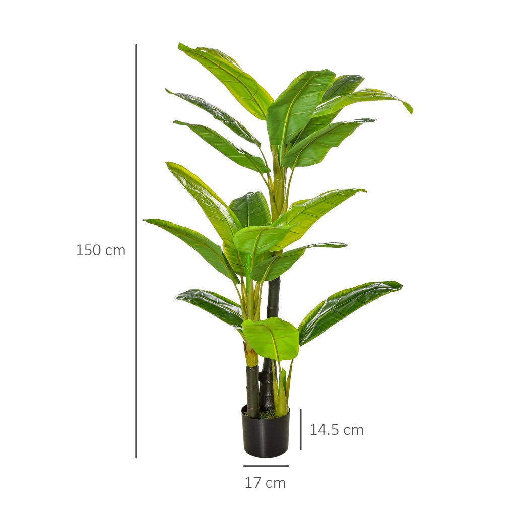 Pianta artificiale di banano 150 cm con 18 foglie vaso nero con erba e base in cemento per interni ed esterni