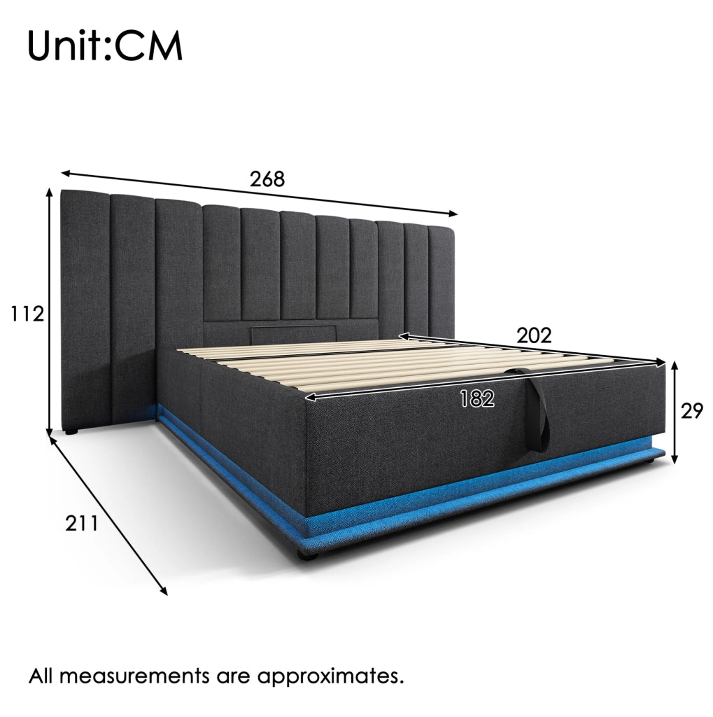 Letto matrimoniale contenitore 180x200 cm con LED; ricarica USB e materasso; grigio