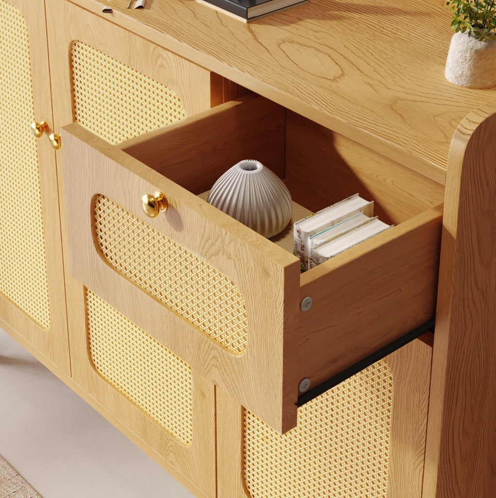 SIDEBOARD 120x40x91 cm MDF Color Rovere con Intreccio in Rattan e Cassetto