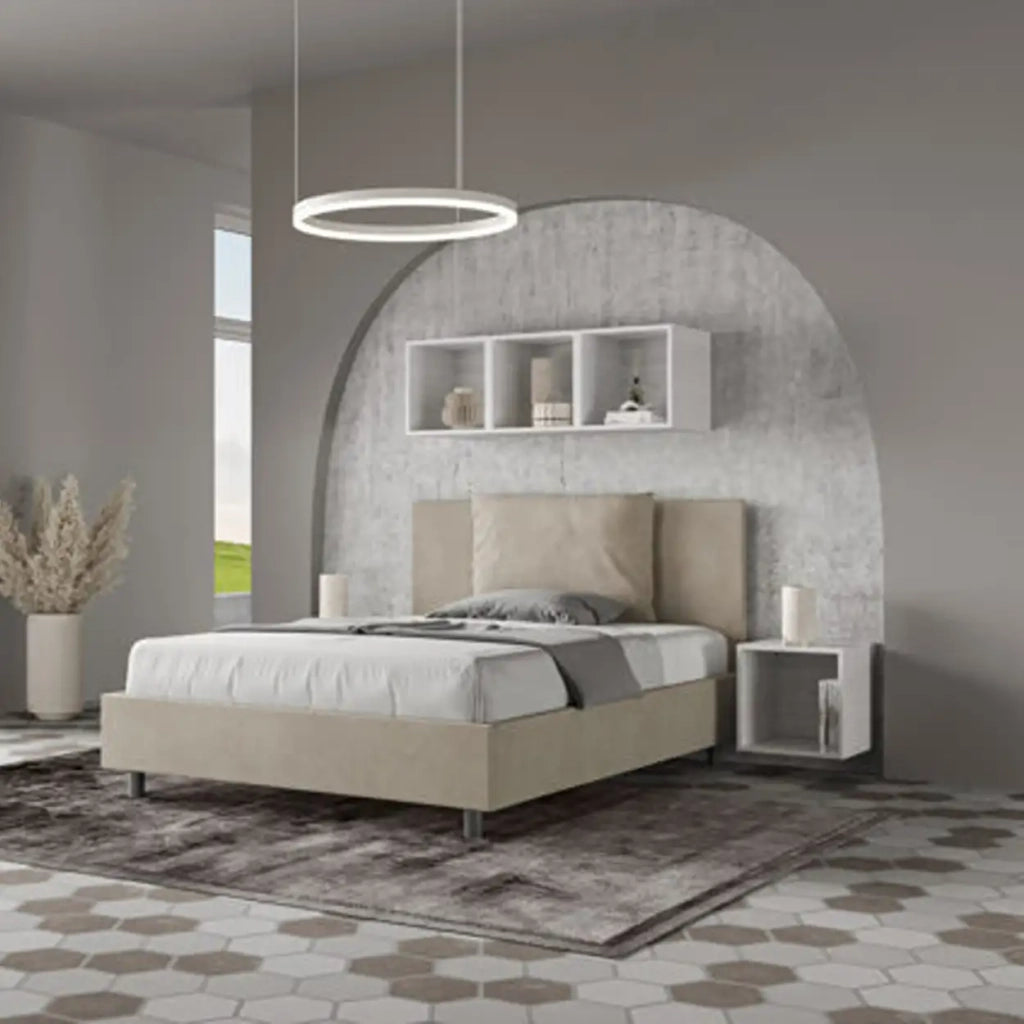 Letto matrimoniale francese con rete imbottito 140x190 microfibra sabbia Antea