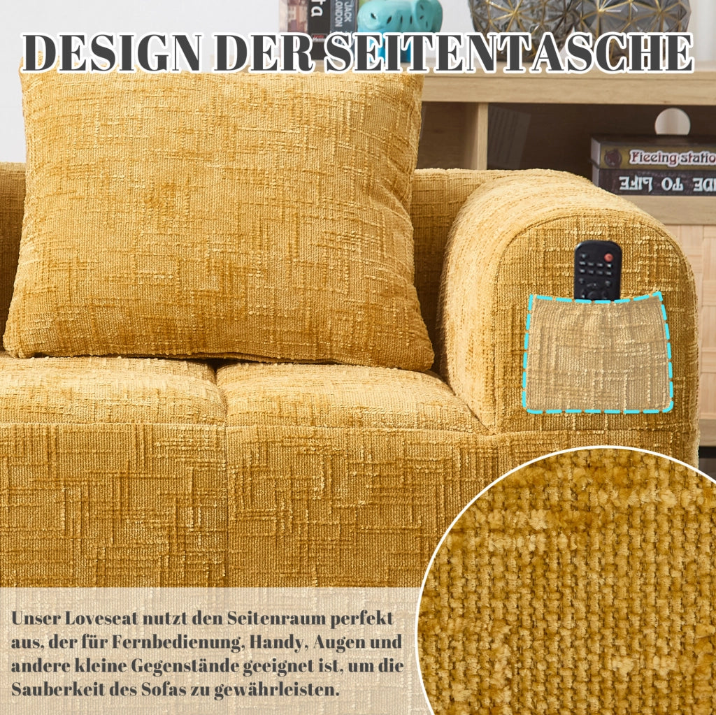 Divano 2 posti con chaise longue, tessuto chenille giallo, con cuscino e tasche laterali