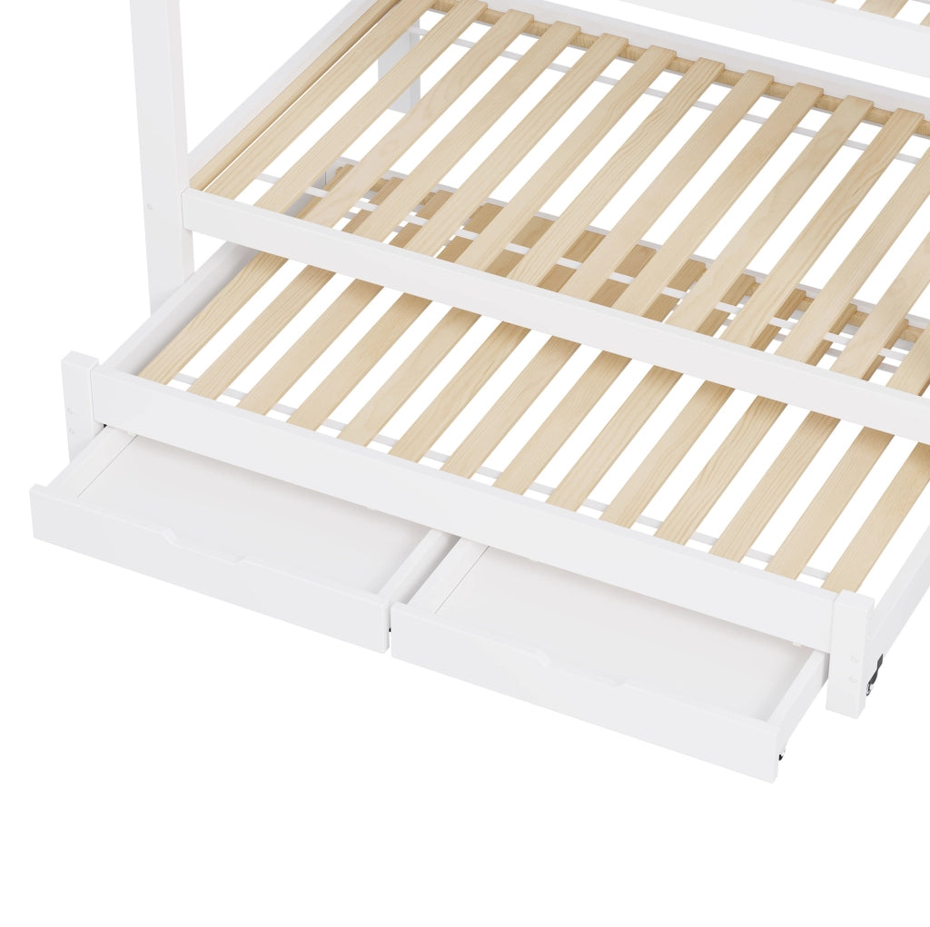 Letto a castello 90x200 cm con letto estraibile; cassetti e armadio bianco HOMVRA