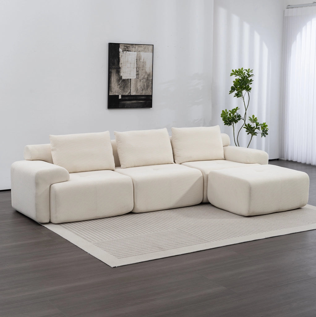 Divano angolare modulare L in tessuto a coste beige con schiuma memory 305 cm