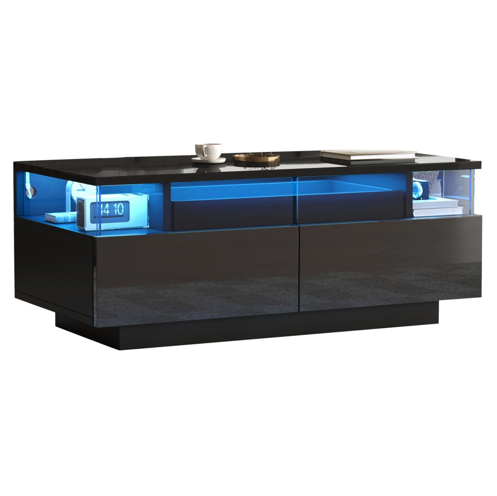 Tavolino da salotto moderno 90 x 45 x 35;5 cm nero lucido con LED; 2 cassetti e vassoio
