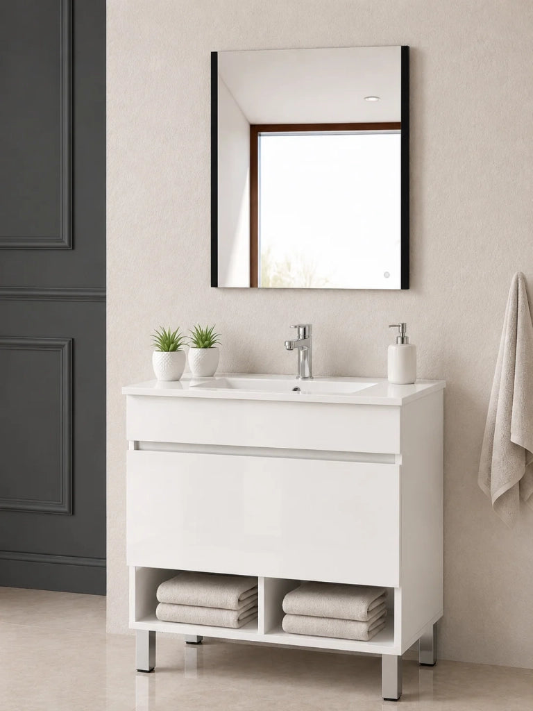 Mobile bagno con piedini con lavabo ORIGENBATH NEBARI con piedini e cassetto con colonna 80x40 cm bianco con colonna