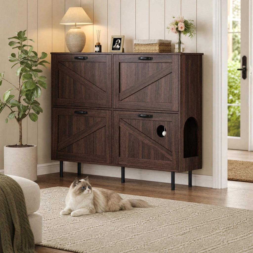 Scarpiera 120x28x92 cm con 4 ante; 3 vani a ribalta e gioco per gatti; noce naturale