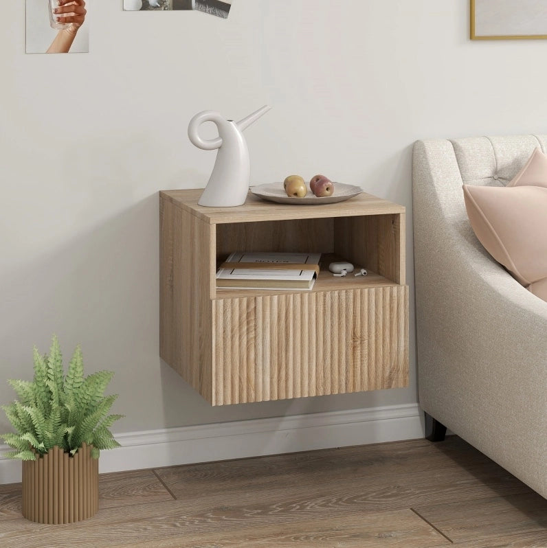 Comodino da parete 40x39,5x35 cm in legno, effetto legno chiaro, salvaspazio