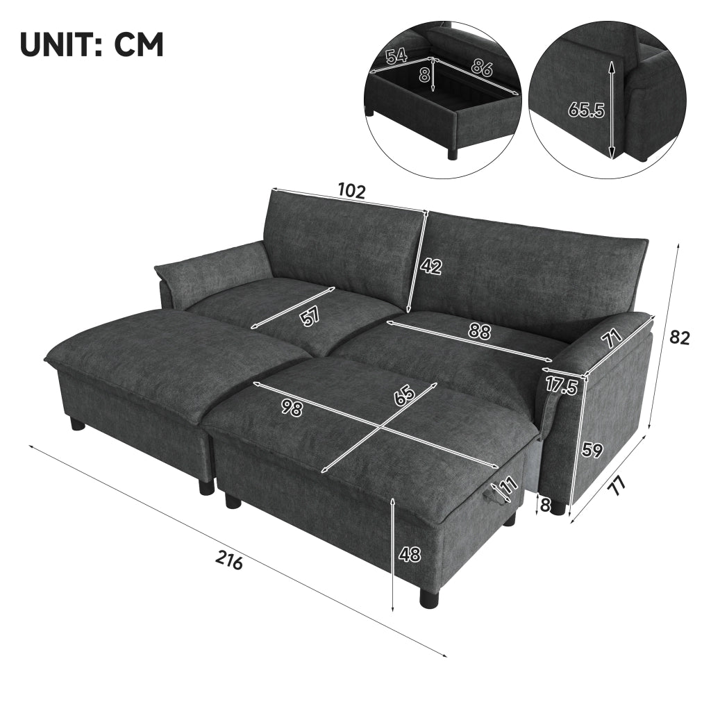 216x77x82 cm Divano modulare Black Cloud a forma di U o ad angolo; seduta profonda; schienale alto; pouf mobili 2