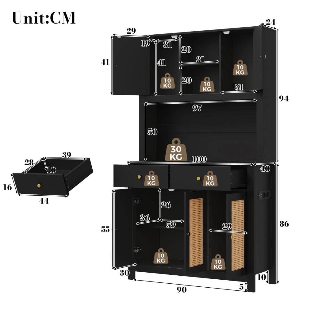 Mobile da cucina alto con ante in rattan; cassetti; ripiani aperti; illuminazione LED RGB e prese integrate; nero; 100 × 40 × 180 cm