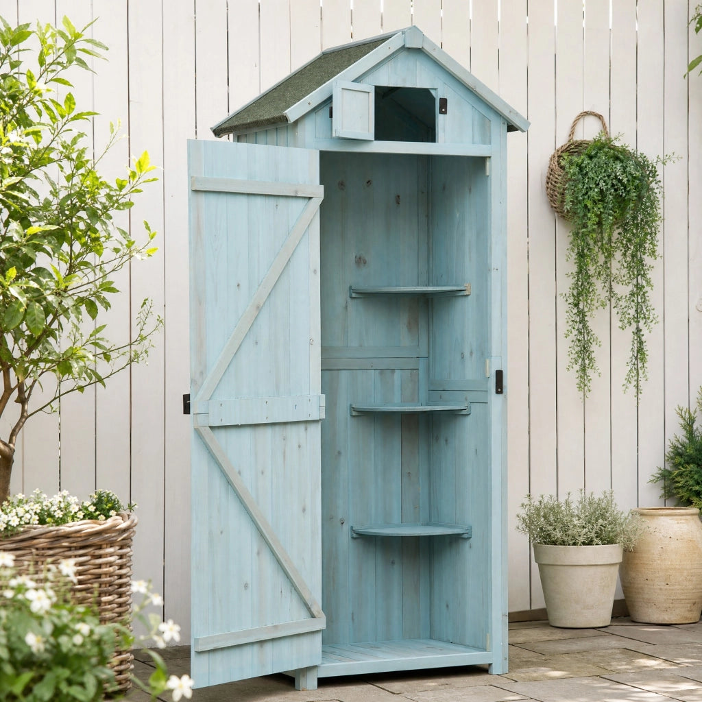 Armadio da giardino in legno 77x54;2x179 cm con 3 ripiani rimovibili; azzurro chiaro