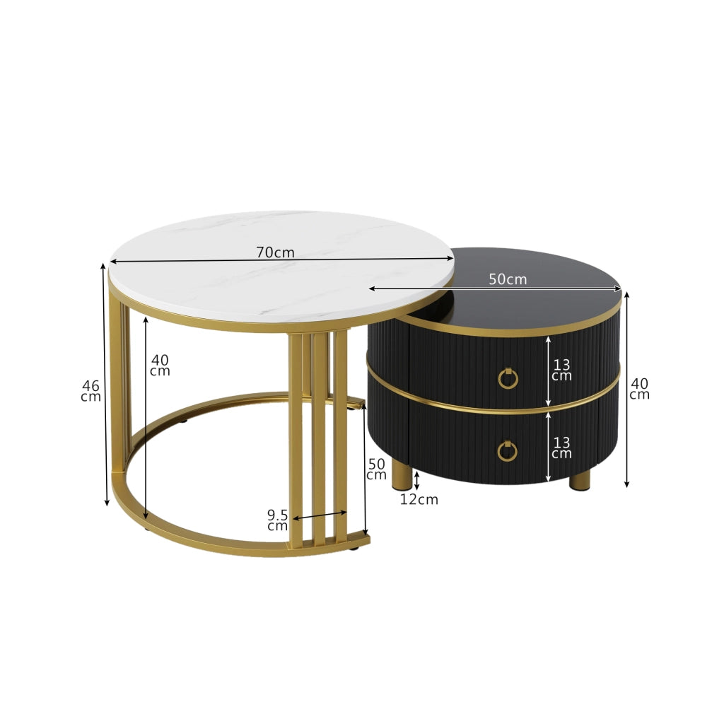 Tavolini da salotto impilabili rotondi con 2 cassetti e piano effetto marmo lucido, in MDF e metallo, nero e oro