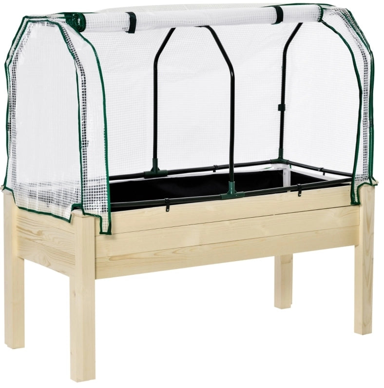 Orto rialzato con copertura avvolgibile, struttura in legno naturale, fodera in tessuto e fori di drenaggio, 121 x 55 x 117 cm