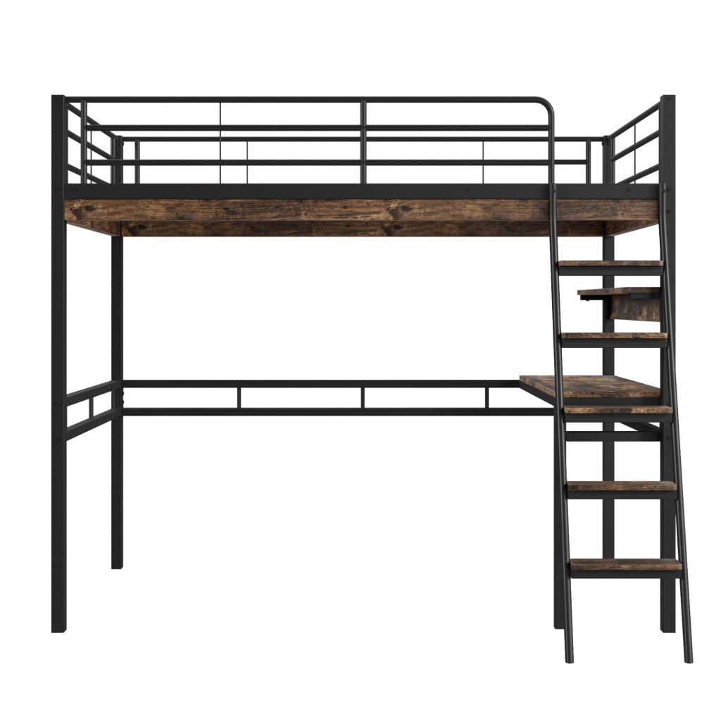 Letto a soppalco 90x200 cm con scrivania e ripiani in metallo e MDF nero