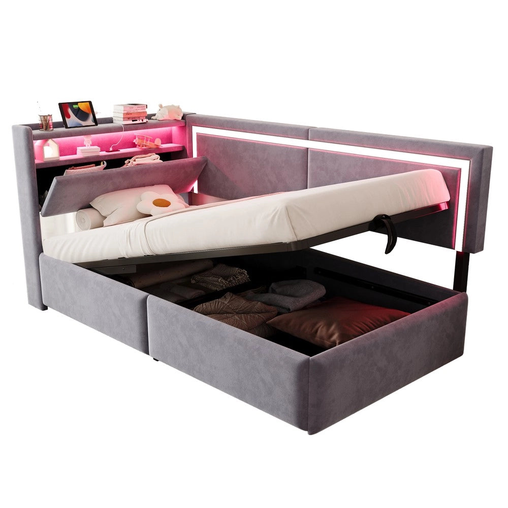 Letto Imbottito Contenitore con LED ¨C MINIMAL ¨C Velluto Grigio Chiaro 90x200