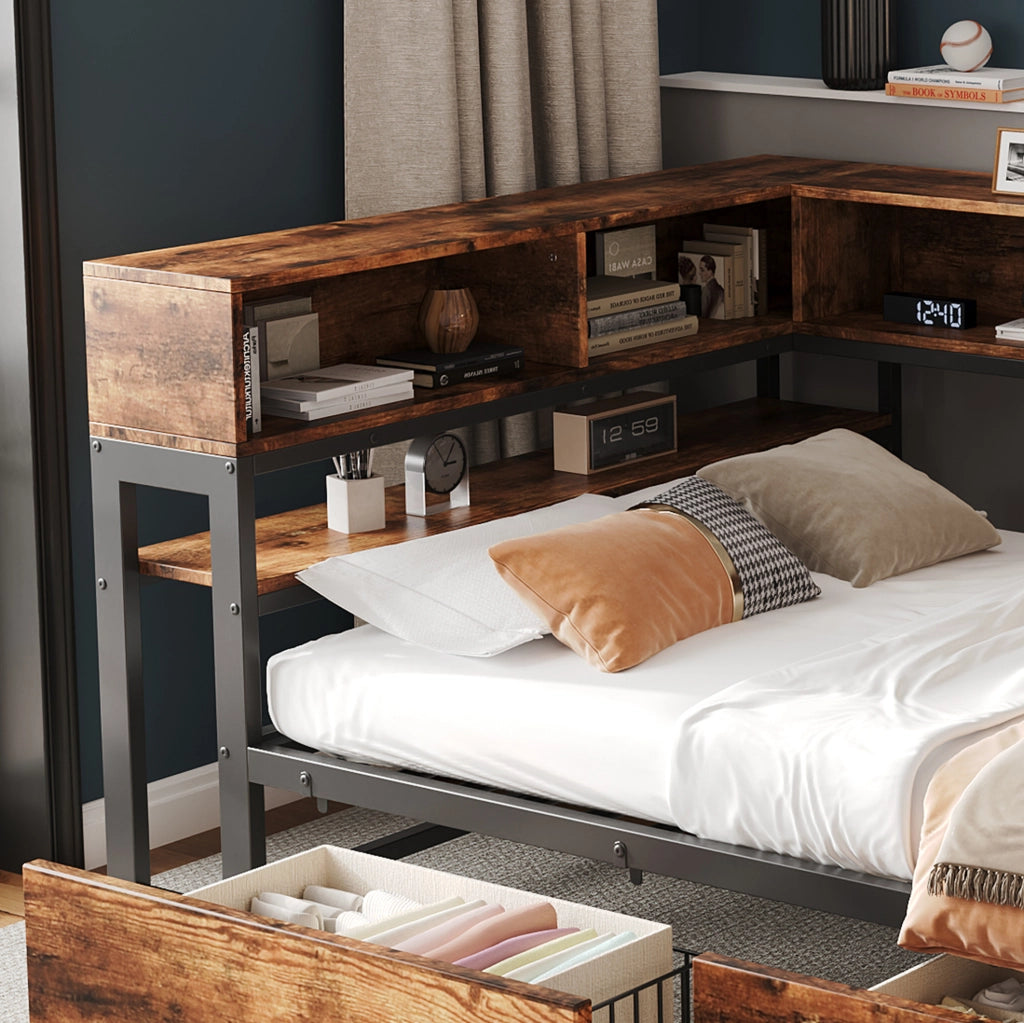 Letto singolo 120x200 cm in metallo e legno con 2 cassetti e porta di ricarica HOMVRA