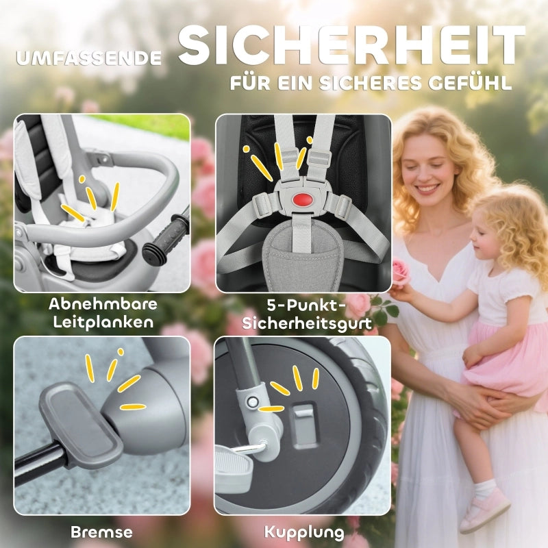 Triciclo per bambini, passeggino 6 in 1 per i pi¨´ piccoli, con maniglione, sedile regolabile, design pieghevole, rete di sicurezza, grigio