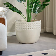 Set di 3 vasi in ceramica fatti a mano, smalto lucido crema con rilievo a cialda triangolare, Ø 38/30,5/23 cm, con foro di drenaggio, resistenti al gelo per interno e balcone
