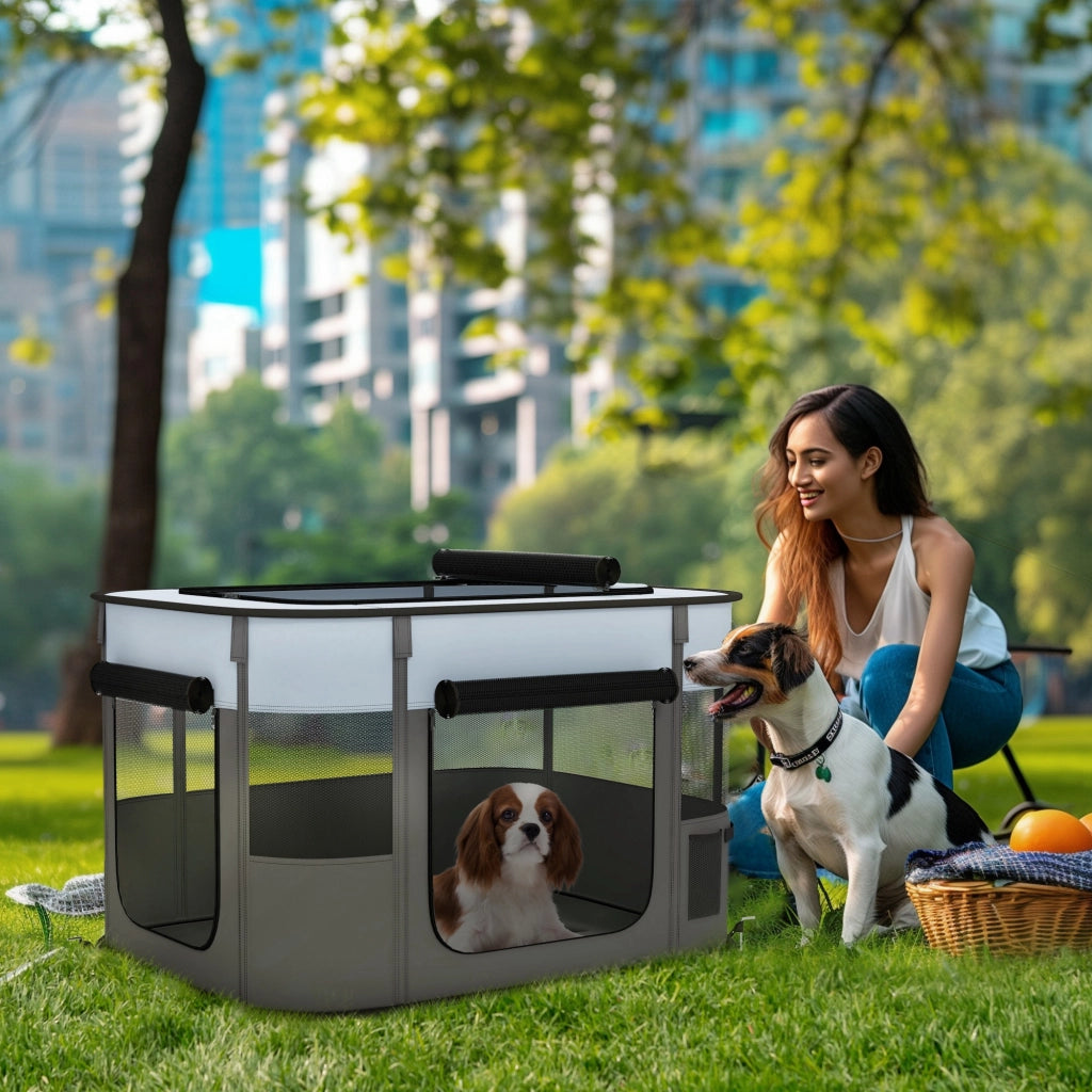 Recinto Pieghevole per Cani Gatti Animali Domestici in Tessuto Oxford con Scomparto ¨C Minimal ¨C 84x64x53 cm Grigio Nero