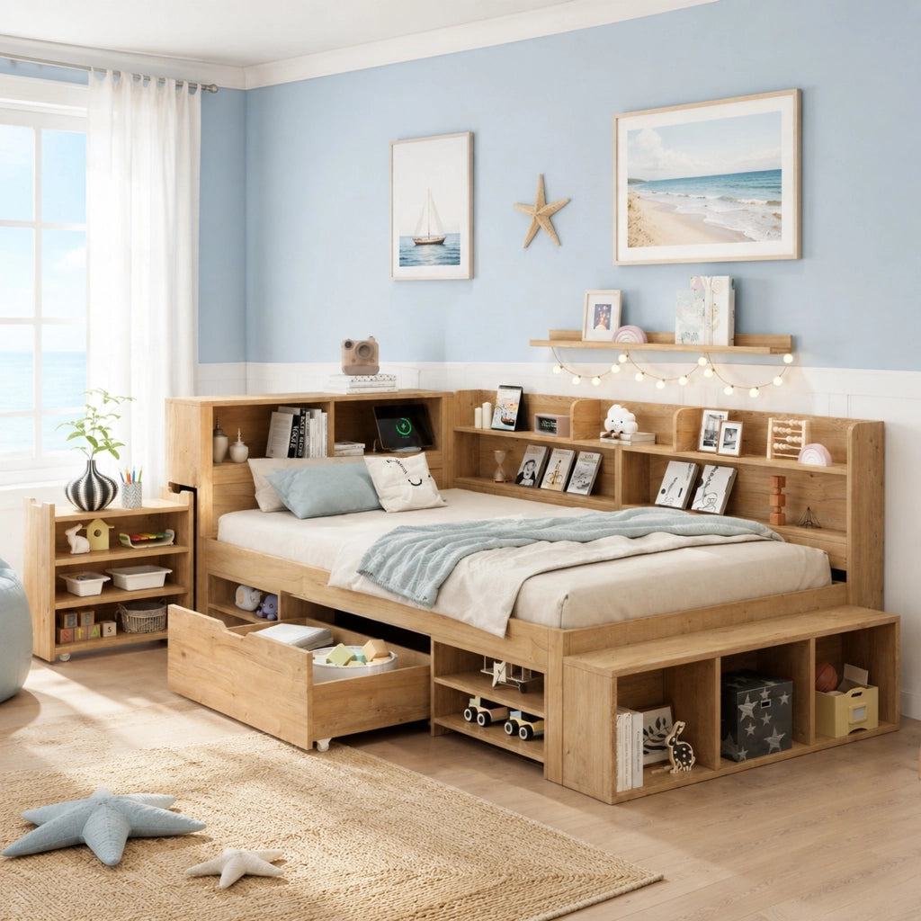 Letto singolo per bambini 90 × 200 cm con rete a doghe in compensato naturale e mobili contenitore