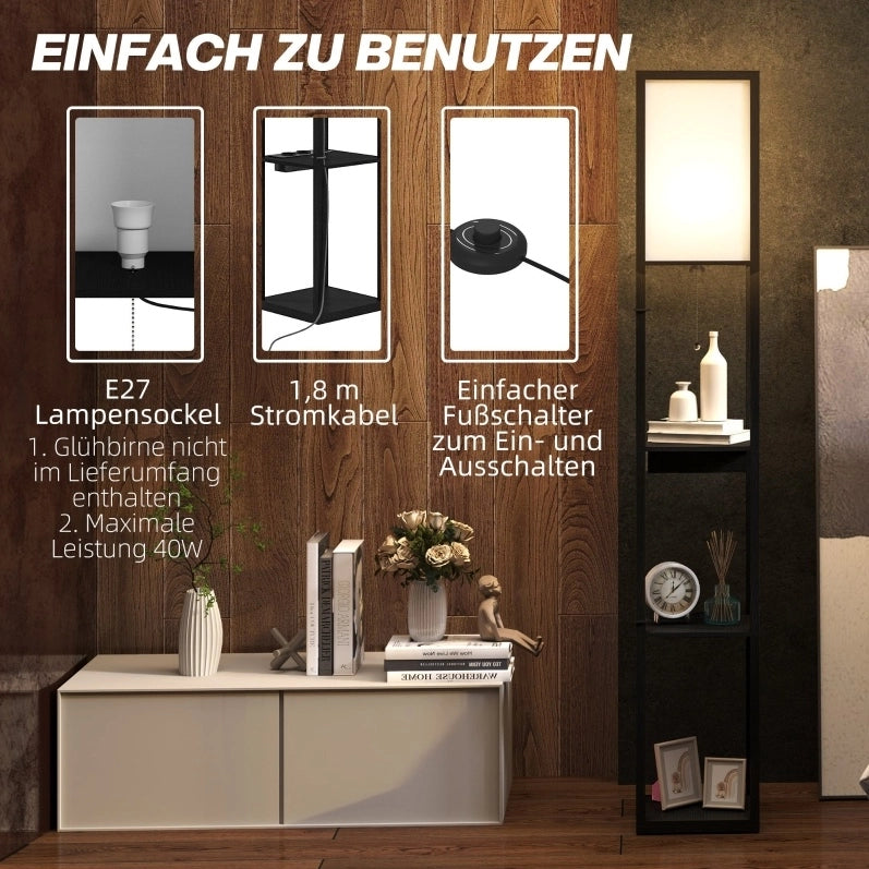 Lampada da terra con 3 ripiani, portalampada E27, paralume in tessuto, USB-A e USB-C, bianco e nero, senza lampadina