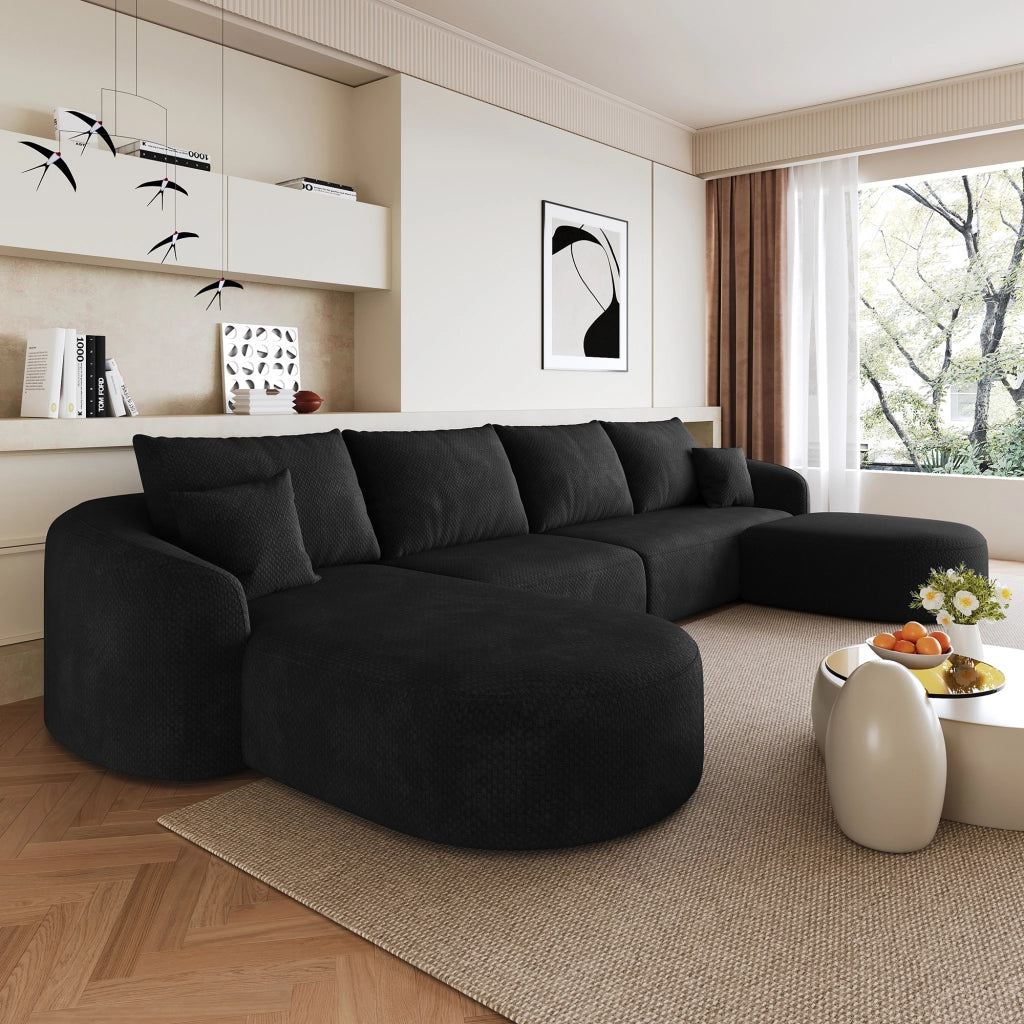 Divano panoramico a U modulare senza montaggio, design salvaspazio per soggiorno, in tessuto di ciniglia nero
