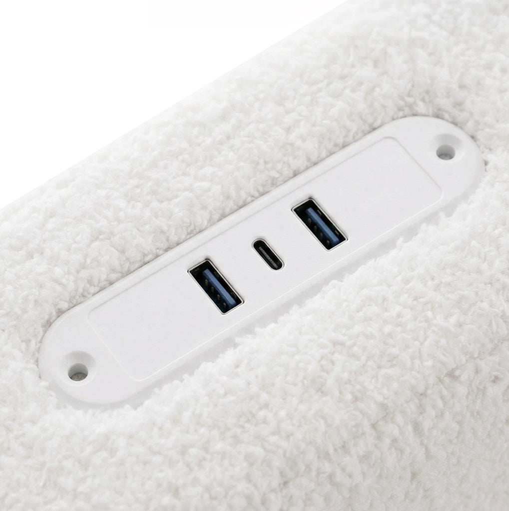 Letto matrimoniale 160x200 cm in sherpa bianco con materasso; 4 cassetti; LED e USB/Type-C HOMVRA