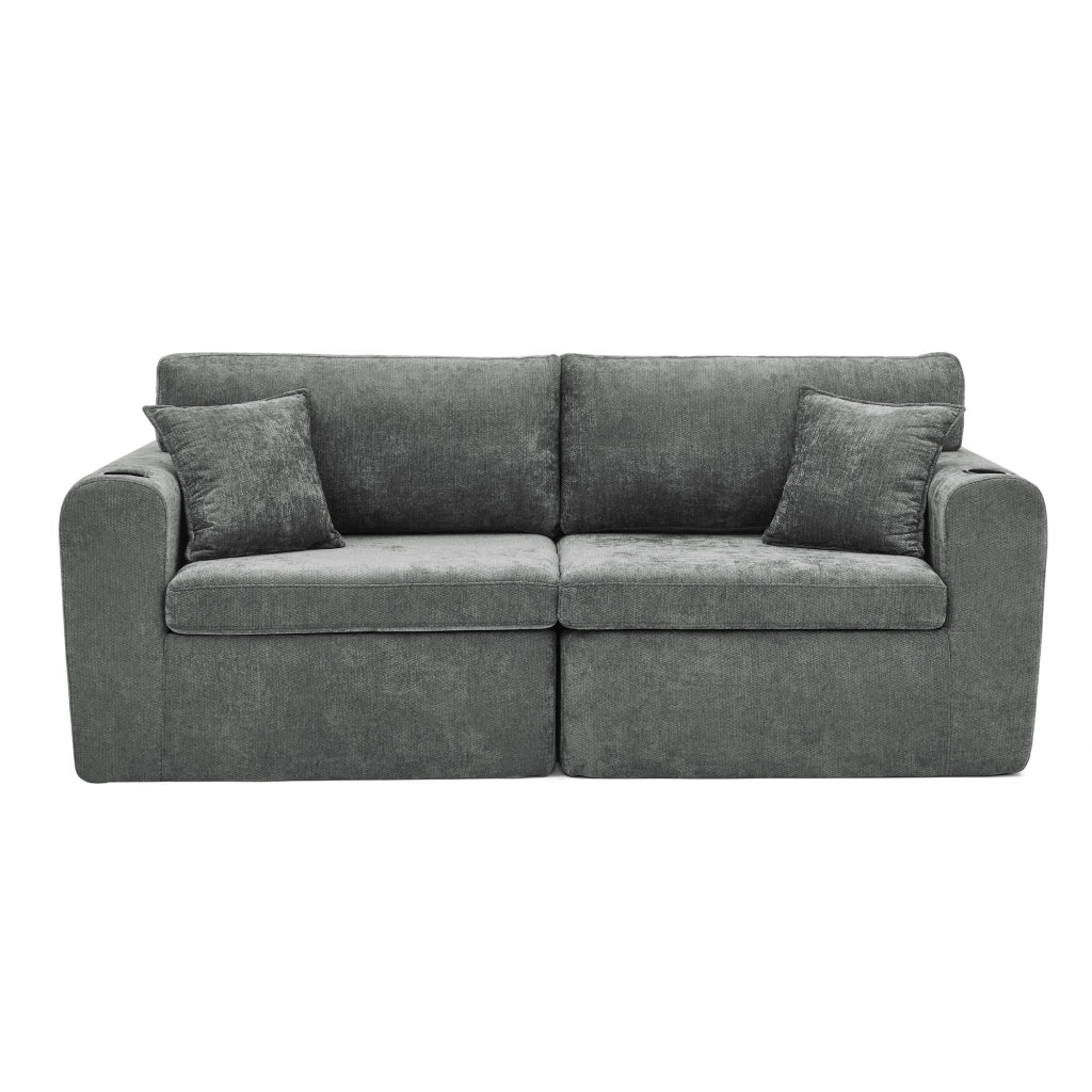 Divano relax 2 posti con tasca laterale; portabicchieri; USB e cuscini in chenille grigio