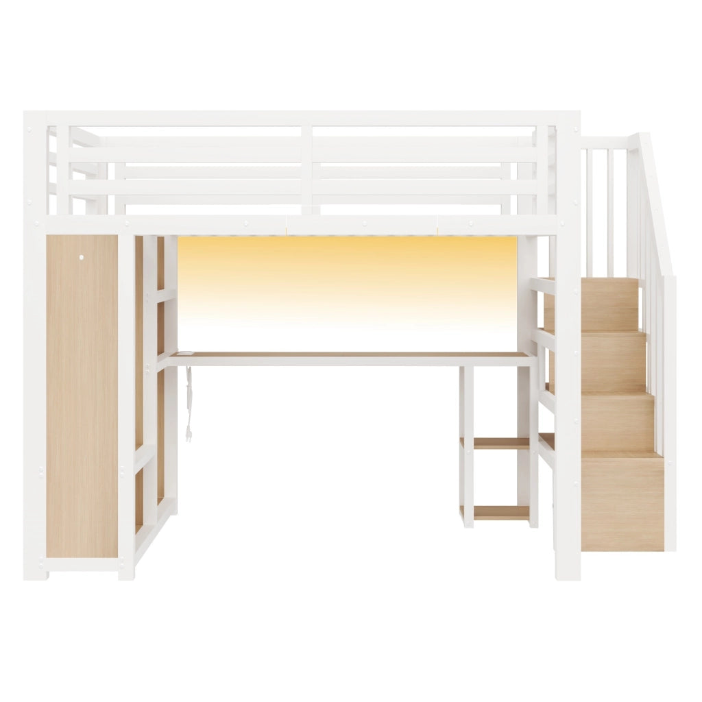 Letto a soppalco 140×200 cm 2 posti con scrivania, LED, USB, armadio e scaletta contenitore, senza materasso, metallo bianco