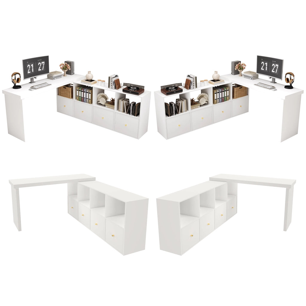 Scrivania angolare girevole a 360° con 4 cassetti e 4 vani contenitore, per ufficio e cameretta, in MDF bianco