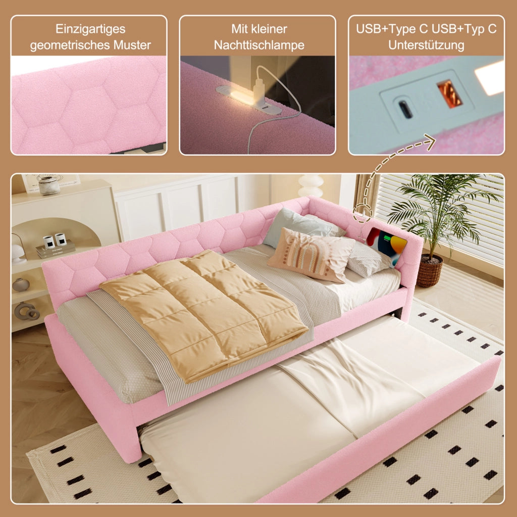 LETTO 90x200 cm in Bouclé Rosa con letto estraibile, USB e Tipo-C